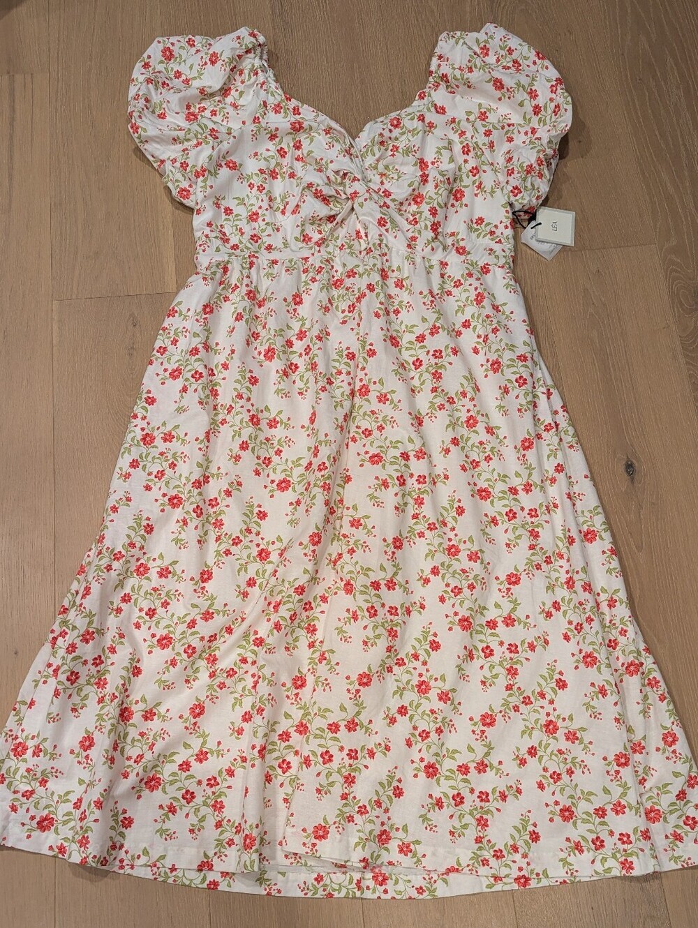 LEA White Floral Puff Sleeve Midi Dress with Red & Green Print